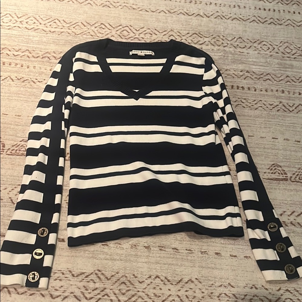 Tommy Hilfiger Navy and White Stretchy Long Sleeve Sweater